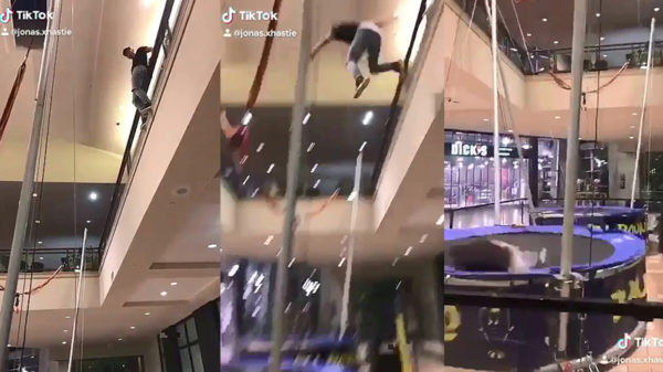 Slecht plan: bezopen waaghals springt van de 1e verdieping op een trampoline