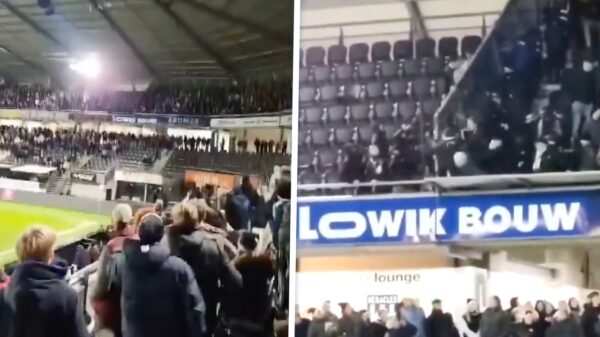 Chaos in Almelo: Fan valt uit uitvak en natúúrlijk mattende supporters op de tribune