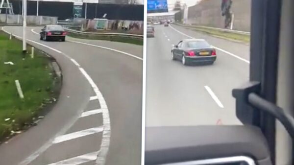 Tokkie in Mercedes trakteert vrachtwagen op ordinaire brake check en veroorzaakt bijna een klapper