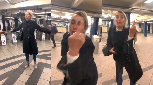 Dronken blondine laat haar klasse in de metro van New York City zien