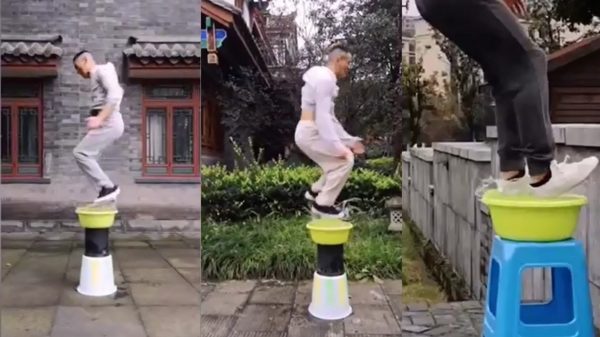 Kung Fu-meester doet niet aan zwaartekracht en springt gewoon "OP" het water