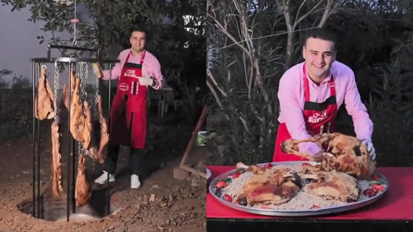 Blije chef-kok is dolgelukkig tijdens het bereiden van een lekker stukje vlees