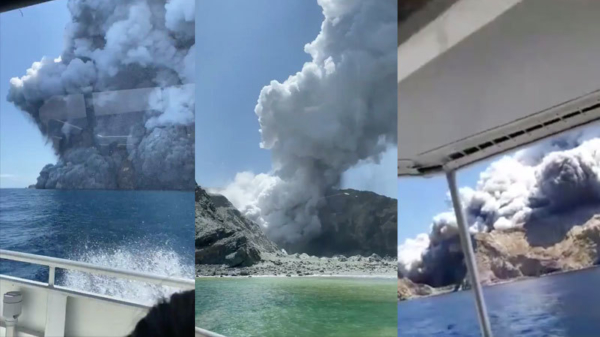 Het moment waarop de Nieuw-Zeelandse vulkaan "White Island" uitbarst: tenminste 5 doden