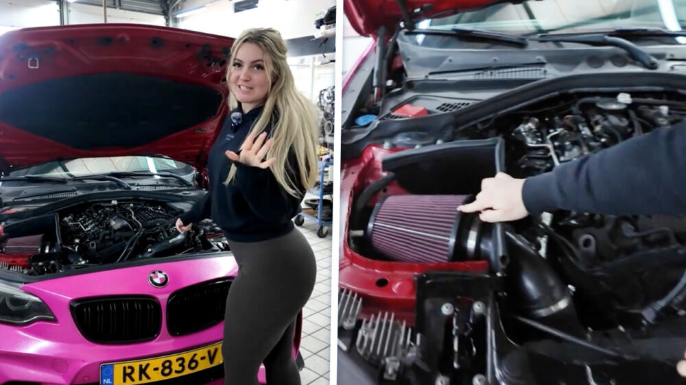 Aandachtvragende dame laat ons haar vers ingebouwde 'brandstofpomp' zien
