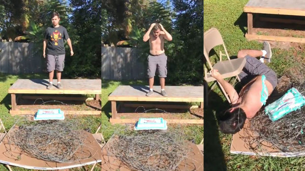 Amateurworstelaar viert zijn verjaardag door in het prikkeldraad te springen