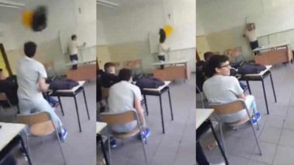 Blijkbaar is een prullenbak ook geschikt om naar je leraar te gooien