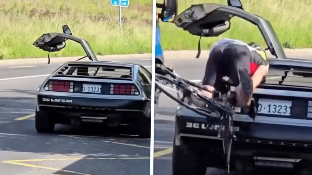 Wielrenner mist tijdpoort en parkeert z'n voorhoofd op een DeLorean