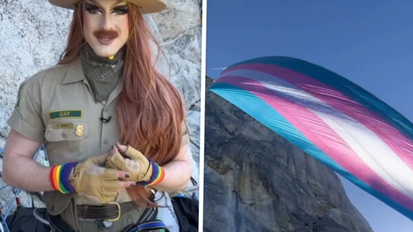 Dragqueen beklimt rots in Californië en hangt trans-vlag op tegen de regels in