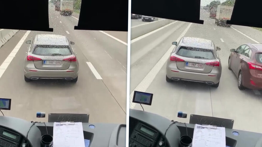 Belgische pannenkoek in Mercedes blokkeert buschauffeur op linkerbaan