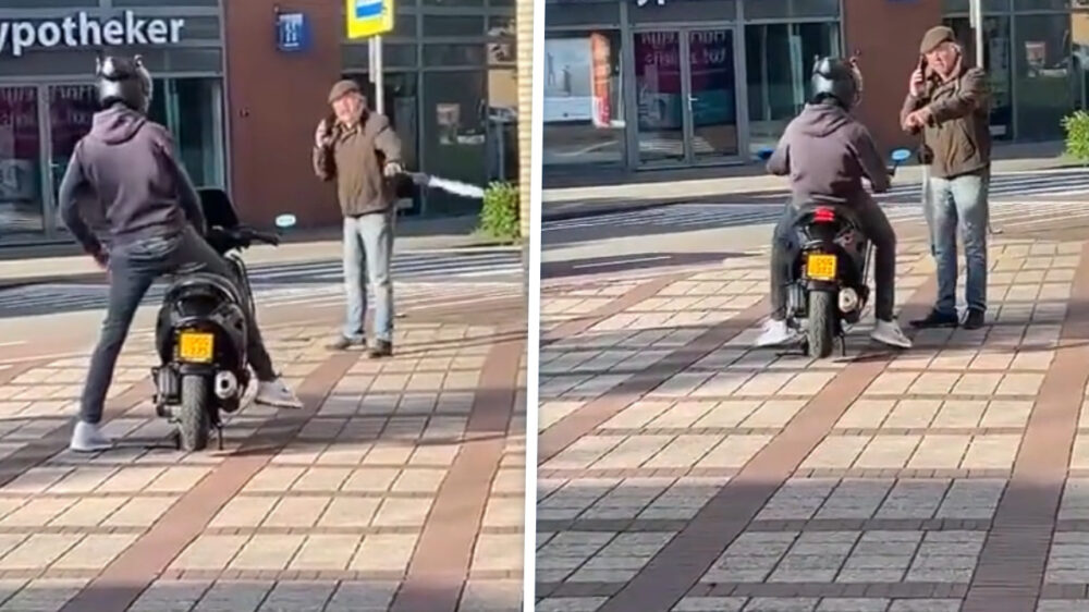 Bejaarde barst uit zijn voegen door scooterherrie en blaft jongen het plein af