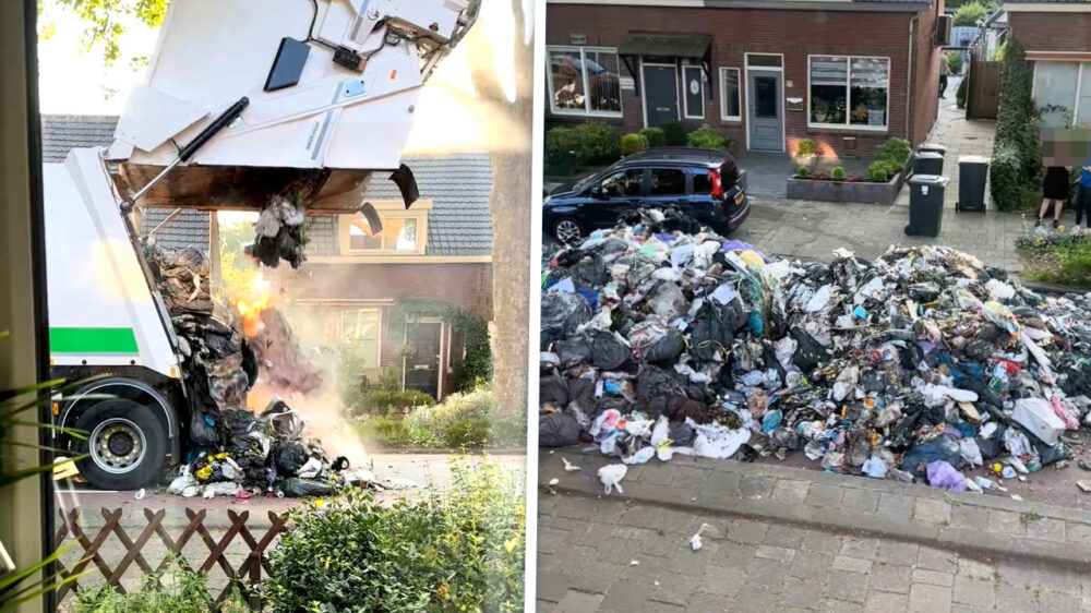 Vuilniswagen dumpt gigantische berg brandend afval op straat