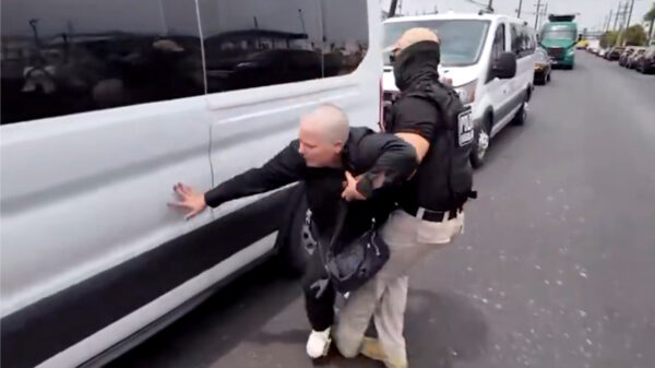 Totaal geflipte anti-ICE activist probeert bus met gedetineerden tegen te houden