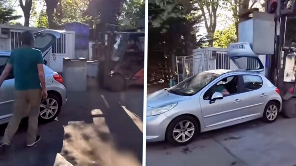 Man lost waterprobleem van Peugeot op met brute vorkheftruck