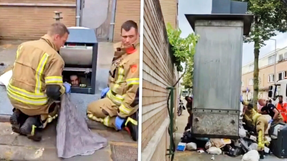 Man muurvast in container na dappere reddingspoging van bezittingen vrouw