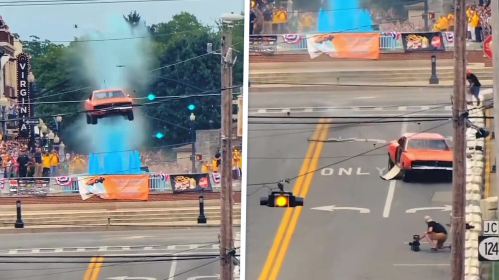 General Lee uit “The Dukes of Hazzard” springt over fontein, mist cameraman nét