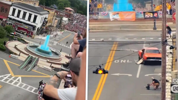 General Lee uit “The Dukes of Hazzard” springt over fontein, mist cameraman nét