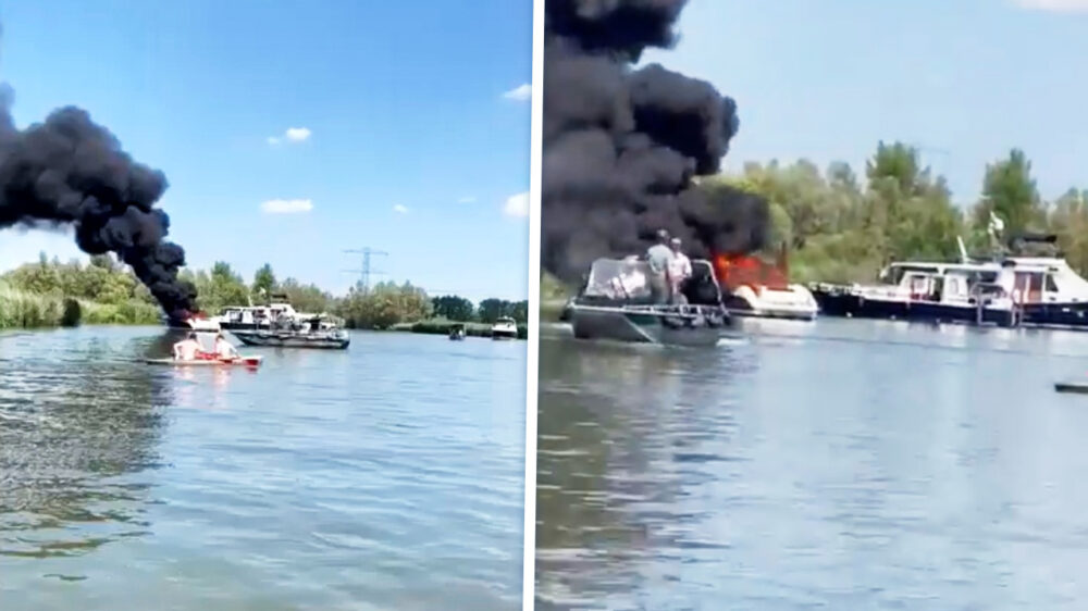 Speedboot vliegt in fik in de Biesbosch, opvarenden duiken het water in