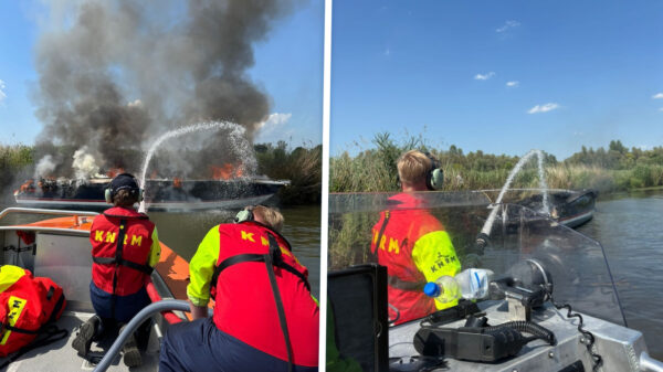 Speedboot vliegt in fik in de Biesbosch, opvarenden duiken het water in