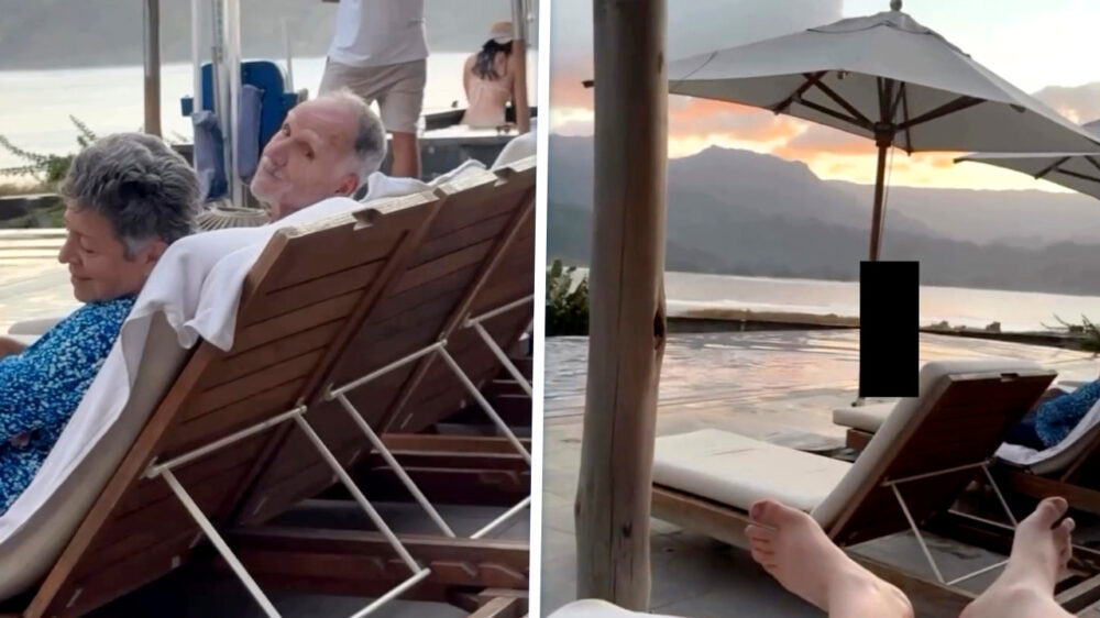 Opa geniet met volle teugen van het uitzicht op zijn zonovergoten vakantie