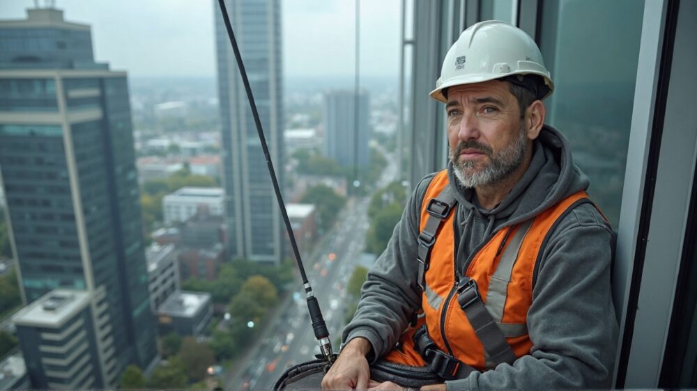 Glazenwasser bungelt 50 meter boven Eindhoven door kapotte installatie
