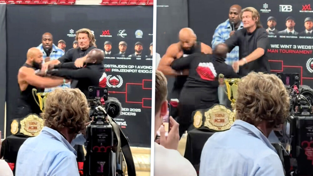 Staredown tussen Melvin Manhoef en Roy Meyer verandert in halve matpartij
