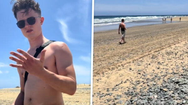 Man wordt pislink dat zijn vriendin d'r bovenstukkie uittrekt op naaktstrand