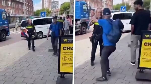 Vrouwelijke agent deelt corrigerende karma-tik uit aan vent met grote mond