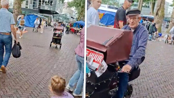 Opa draait wel een héél fout Duits liedje op de markt van Emmen
