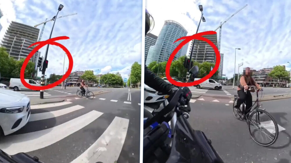Vrouw fietst lekker door rood en krijgt motorrijder tegen d'r onderlip