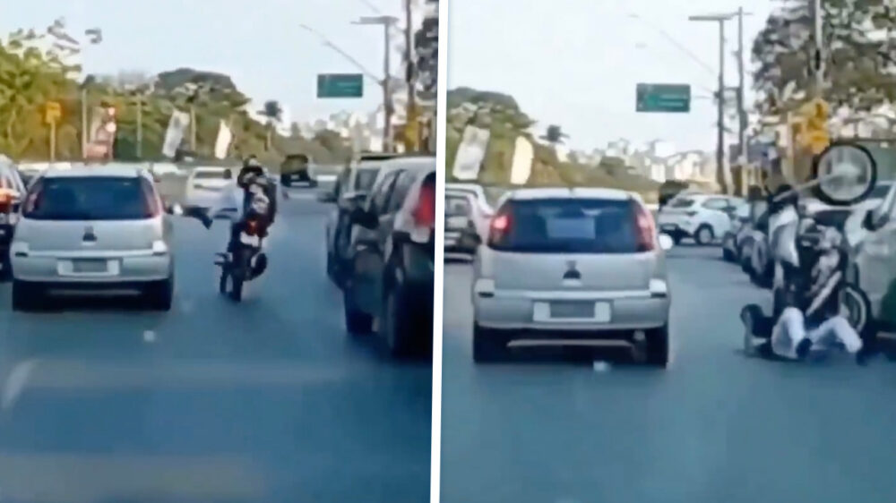 Karma voor trappende motormuis die pislink is op automobilist
