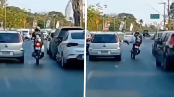 Karma voor trappende motormuis die pislink is op automobilist