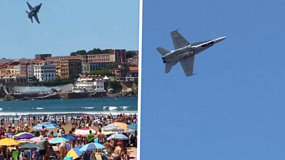 Spaanse stuntpiloot in F-18 crasht bijna op een vol strand in Gijón