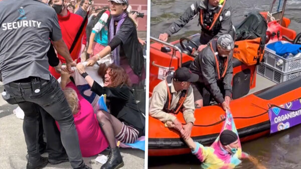 XR-activisten blokkeren boot van Booking tijdens Amsterdam Pride 2025