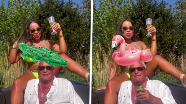 Oude kakker showt zijn siliconenverzameling op het Nieuwe Meer in Amsterdam