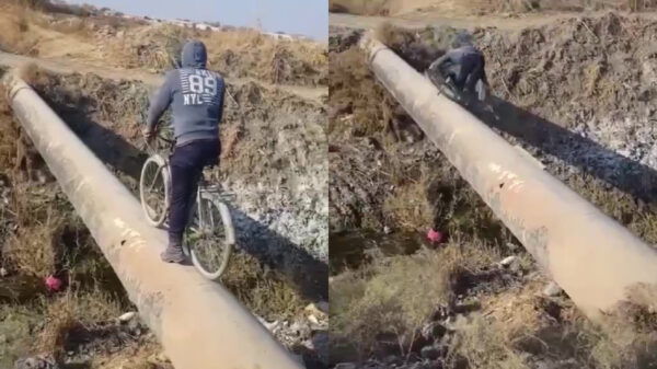 Een stukje over een betonnen buis fietsen loopt eigenlijk precies af zoals je verwacht