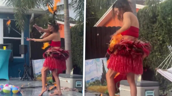 Dansmarieke zet zichzelf in brand en eindigt met een plons in 't zwembad