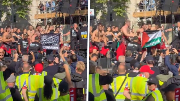 Razende Britten scheuren Palestijnse vlag aan flarden tijdens anti-immigratieprotest in Londen
