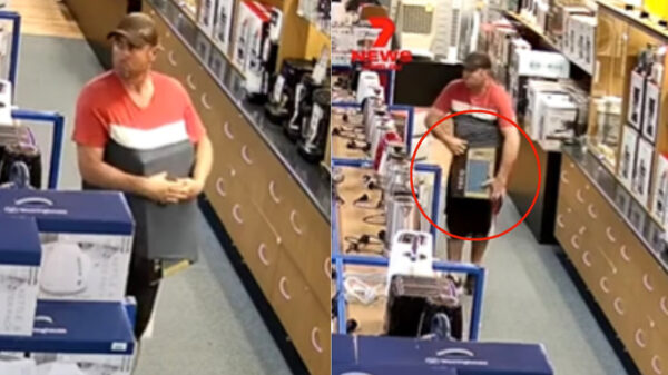 Australische winkeldief betrapt die een tv-scherm onder zijn t-shirt propt