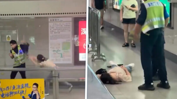 Bloeddorstige griet mishandelt metropersoneel met handtas op Chinees station