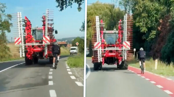 Wielrenner is een stuk minder brutaal met zo'n gevaarte naast zich
