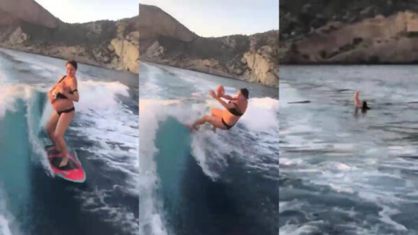 Hoogzwangere moeder gaat hard onderuit tijdens het surfen