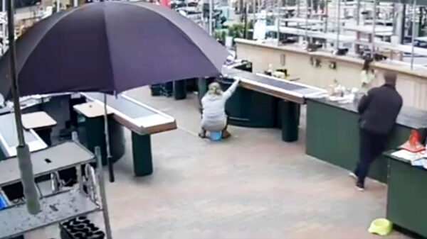 Vrouw plast in emmer bij tuincentrum Roosendaal en kiepert ’t leeg onder kassa