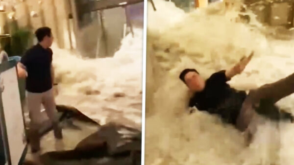 Lobby van hotel in Hongkong verandert in wildwaterbaan door tyfoon Ragasa