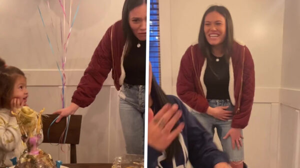 Moeder pist in haar broek van het lachen tijdens mislukte taartonthulling