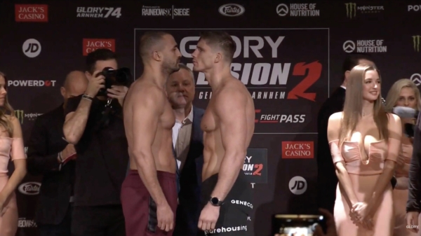 De officiële weigh-in en stare down tussen Rico Verhoeven en Badr Hari