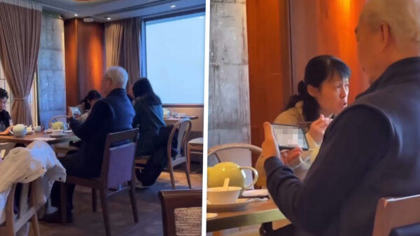 Opa geniet in een vol restaurant op z'n gemakje van een natuurdocumentaire