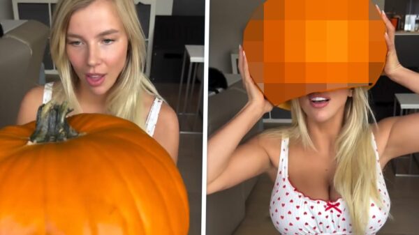 Lesley zit helemaal klaar voor Halloween met haar toepasselijke pompoen