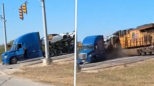 Trein ramt door vrachtwagen vol auto's alsof het een blik sardientjes is