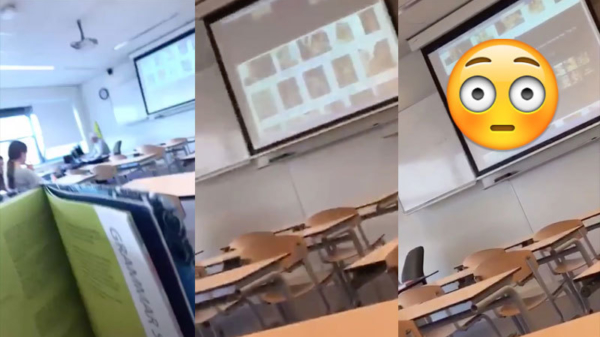 Scholieren filmen leraar die tijdens de les natuurfilms kijkt op een school in Lochem
