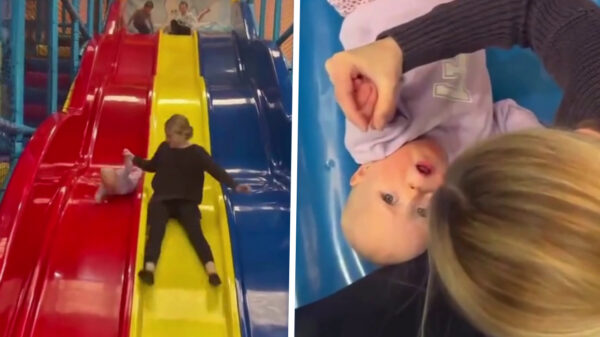 Glijbaanactie van moeder lijkt leuk, tot baby harder tikt dan een flipperkast